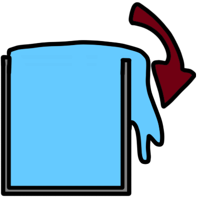 blue liquid overflowing from a container. there's a red arrow pointing to where it's tipping out.